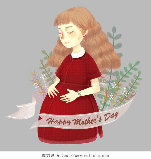 节日母亲节红衣孕妇童话风人物插画